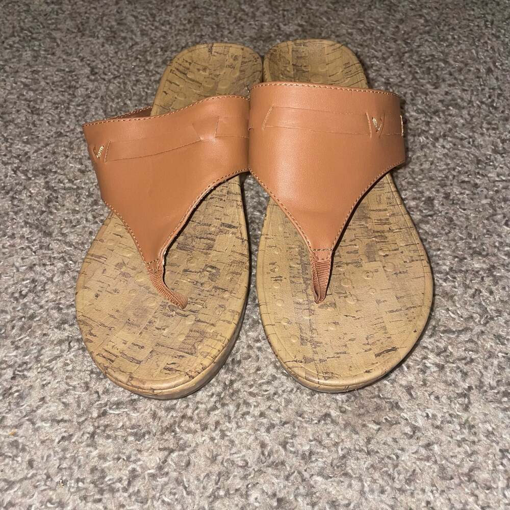 Vionic High Tide Tan Leather Cork Platform Wedge Thong Sandals - Picture 7 of 11